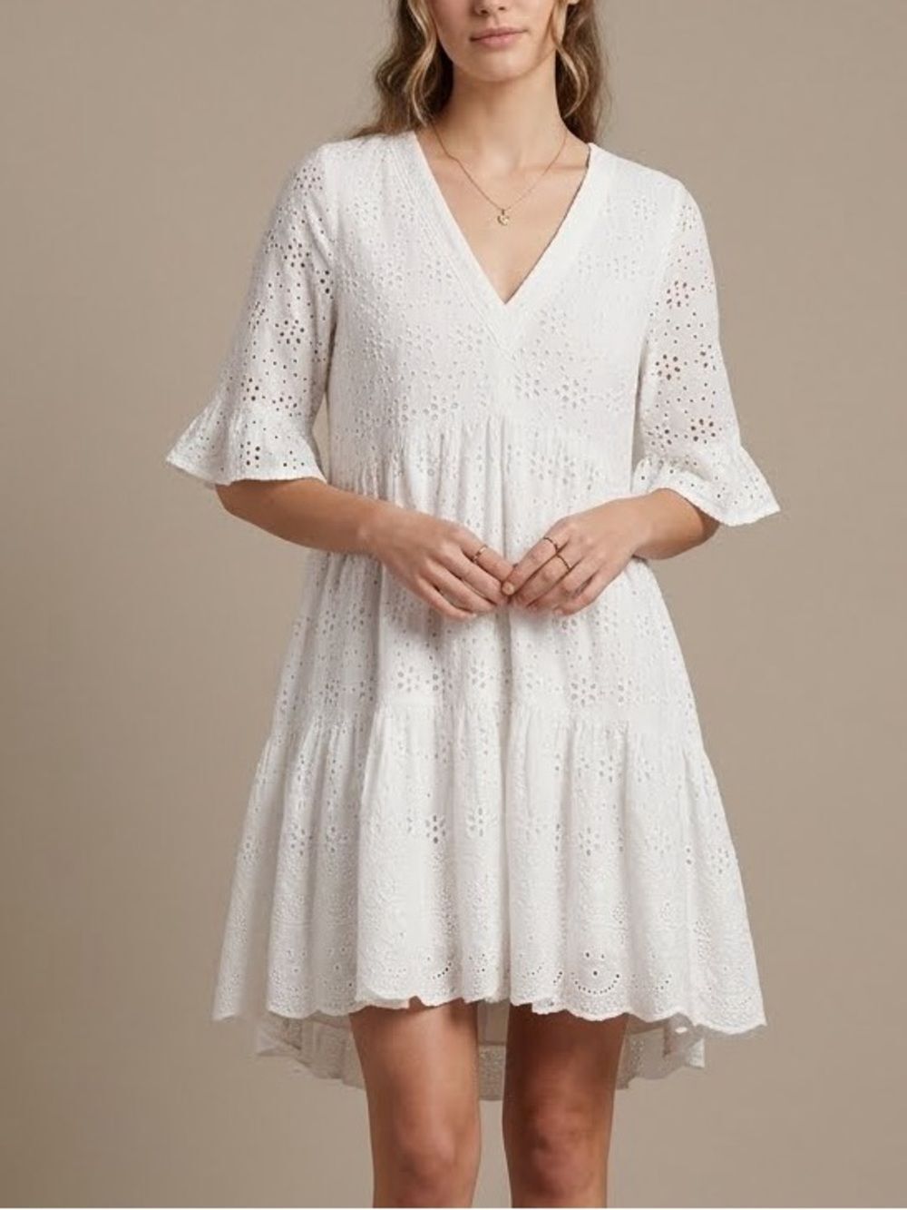 Sundance Jasmine White Eyelet Lace Tiered High-Low Dress Medium